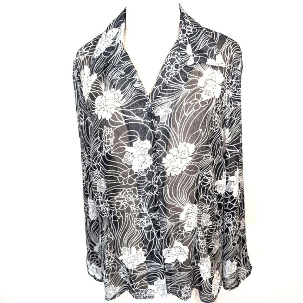 Vintage sheer, floral button up W metallic thread vertical lines. Notations. Lg